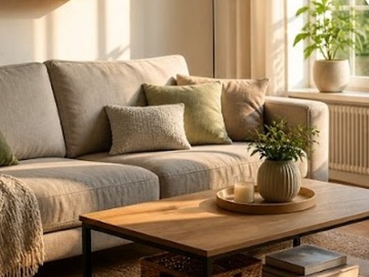 Helles, gemütliches Wohnzimmer mit Sofa und persönlichen Wohnaccessoires